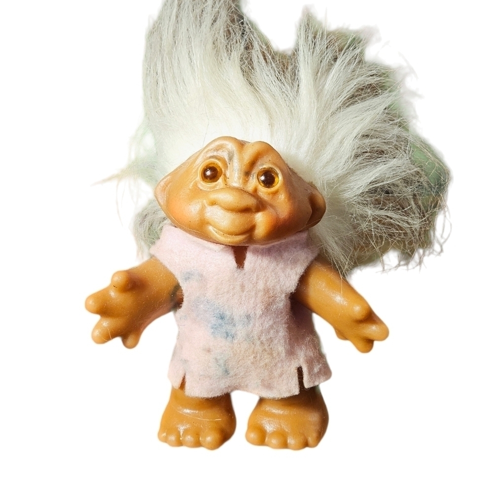 Vintage 1986 troll doll white hair, felt pink dress.